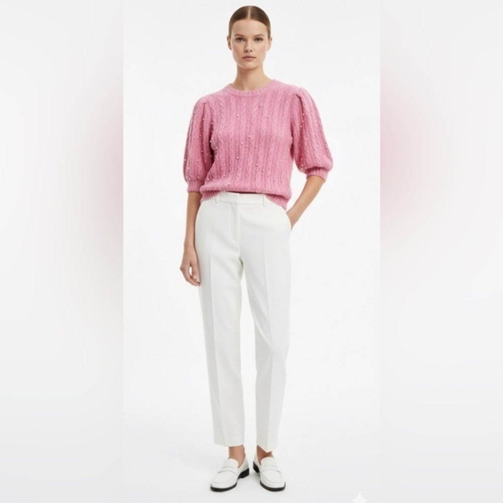 Zara Pink Knit Sweater with Pearl Accents Cable Knit Short Sleeves & Crewneck